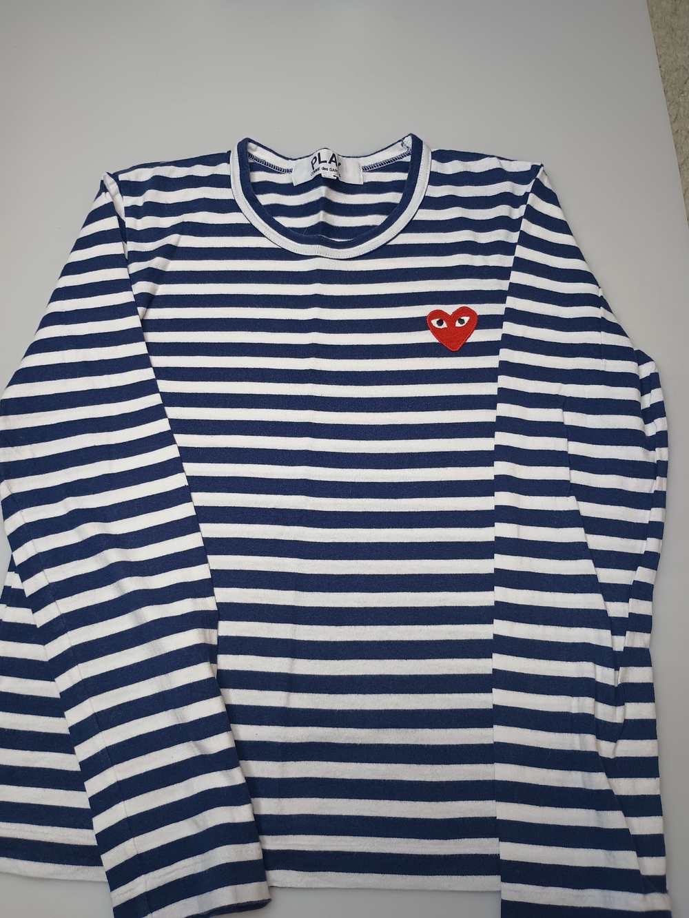 Comme des Garcons Blue & White Striped Long Sleeve Tee with Red Heart Women M